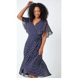 Roman Petite Polka Dot Cape Dress - Navy