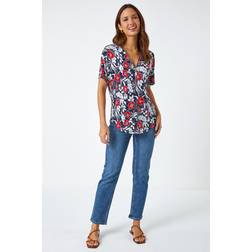 Roman Textured Floral Print Zip Top