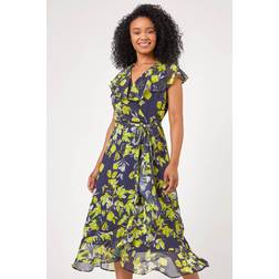 Roman Petite Floral Chiffon Frill Wrap Dress