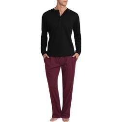 SLEEPHERO Men's Sleep Bottoms Black Black & Burgundy Long-Sleeve Button-Front Pajama Set Men