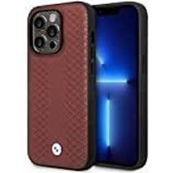 BMW CG MOBILE Handyhülle für iPhone 14 Pro Max Signature Collection in burgunderrotem Rautenmuster, Echtleder-Schutzhülle mit einfachem Snap-on, Stoßdämpfung und charakteristischem Logo