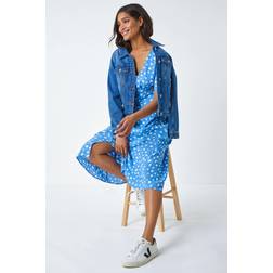Roman Polka Dot Ruched Sleeve Midi Dress
