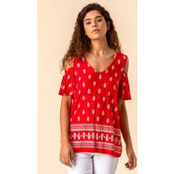 Roman Paisley Border Print Cold Shoulder Top - Red