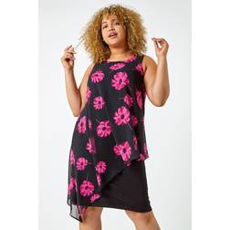 Roman Curve Sleeveless Floral Overlay Dress