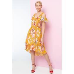 Roman Floral Hanky Hem Cold Shoulder Dress