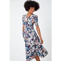 Roman Floral Print Ruched Waist Wrap Dress