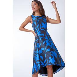 Roman Floral Print Dipped Hem Jacquard Dress