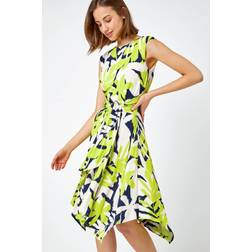 Roman Leaf Print Tie Waist Hanky Hem Dress