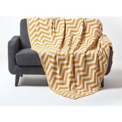 Homescapes 130 Chevron Cotton Knitted Blankets Grey, Yellow, White