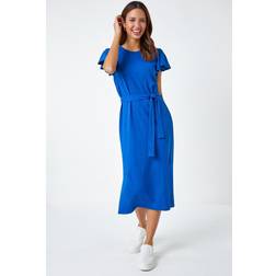 Roman Ruffle Sleeve Belted Cotton Midi Dress - Royal Blue