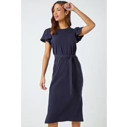 Roman Ruffle Sleeve Belted Cotton Midi Dress - Navy