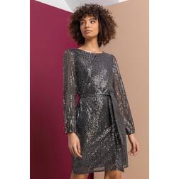 Dusk Belted Sequin Sheer Sleeve Dress