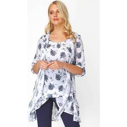 Roman Floral Print Crinkle Tunic Top - Blue