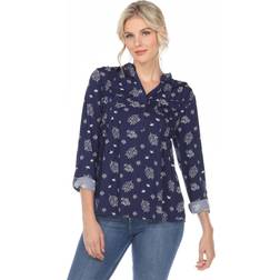 White Mark Women's Pleated Long Sleeve Leaf Print Blouse Navy