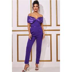 Goddiva Corset Bodice Scuba & Satin Bardot Jumpsuit Purple