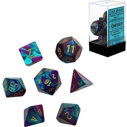 Chessex Manufacturing 26449 Cube Gemini Set Of 7 Dice Purple & Teal With Gold Numbering