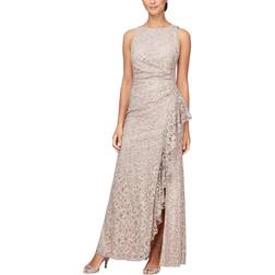 Alex Evenings Sequin Lace Cascading Ruffle Gown Buff