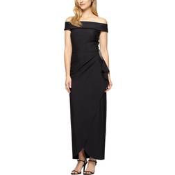 Alex Evenings Slimming Long Side Ruched Dress with Cascade Ruffle Skirt Black