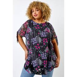 Roman Curve Floral Print Chiffon Overlay Top