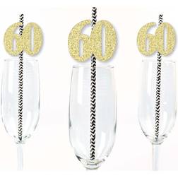 Gold Glitter 60 Party Straws No-Mess Real Gold Glitter Cut-Out Numbers & Decorative 60th Birthday Paper Straws -24 Ct