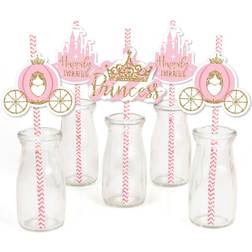 Little Princess Crown Paper Straw Decor Pink and Gold Princess Baby Shower or Birthday Party Striped Decorative Straws Set of 24