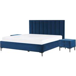 Beliani Conjunto De Dormitorio De Terciopelo Azul 180 x 200 cm Con 2 Mesitas De Noche