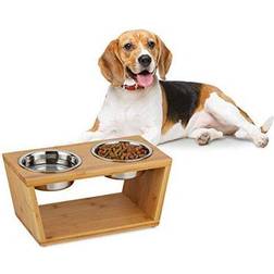 Relaxdays Feeding Station, Medium Dogs, 2 Stainless Steel Bowls, Food & Water, Raised, HxWxD 18.5x40x21cm, Natural