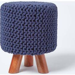 Homescapes Pouf Tressé En Tricot Et Pieds En Bois - Bleu Marine Repose-pied