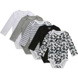 Hanes Flexy Baby Knit 4-Way Stretch Long Sleeve Bodysuits 5-Pack - White Grey Black Assorted