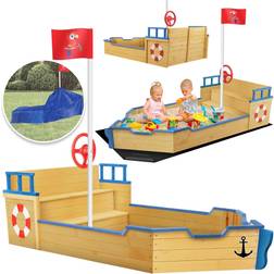 KIDIZ Sandkasten Ahoi Piratenschiff Boot Segelschiff aus Holz Inkl. Abdeckung Bodenplane Sitzbank Flaggenmast Große Kinder Sandkiste für den Garten Outdoor Sandbox