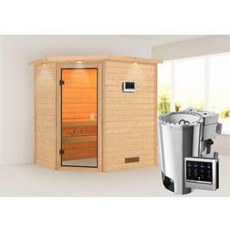 Karibu Woodfeeling Sauna Jella mit Eckeinstieg Ausführung:Mit Dachkranz Saunaofen:Ofen 3,6 KW Bio-Saunaofen