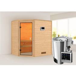 Karibu Woodfeeling Sauna Jella mit Eckeinstieg Ausführung:Ohne Dachkranz Saunaofen:Ofen 3,6 KW Bio-Saunaofen