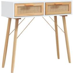 vidaXL Blanc 80x30x75 cm Bois Massif Pin / Rotin Naturel Table Console