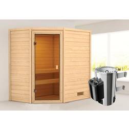 Karibu Woodfeeling Sauna Jella mit Eckeinstieg Ausführung:Ohne Dachkranz Saunaofen:Ofen 3,6 KW externe Strg.modern