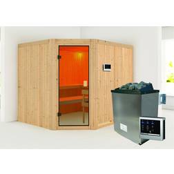 Karibu Woodfeeling Sauna Horna mit Eckeinstieg Saunaofen:9KW Saunaofen, ext. Steurung Ausführung:ohne Dachkranz