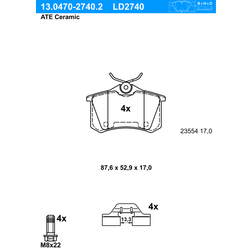 ATE Bremsbelagsatz, Scheibenbremse Hinterachse 13.0470-2740.2
