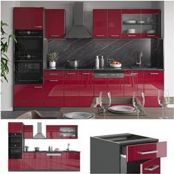 VICCO Cuisine R-Line, Bordeaux haute brillance/anthracite, 300 cm avec armoire haute, sans plan de travail