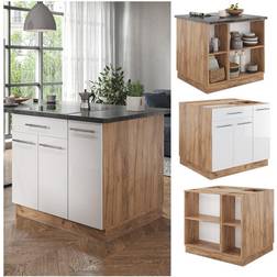 VICCO Kücheninsel Küchenblock Einbauküche Fame-Line Eiche Weiß 90 cm modern Hochglanz Küchen Schränke Apothekerunterschrank Schubunterschrank Regalinselunterschrank Softclose-Scharnier Küchenmöbel