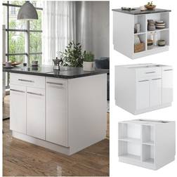 VICCO Kücheninsel Küchenblock Einbauküche Fame-Line Weiß 90 cm modern Hochglanz Küchen Schränke Apothekerunterschrank Schubunterschrank Regalinselunterschrank Softclose-Scharnier Küchenmöbel