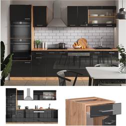 VICCO Cuisine R-Line, Anthracite brillant/Chêne doré 300 cm avec armoire haute, sans plan de travail