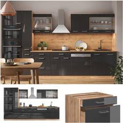 VICCO Cuisine R-Line, Anthracite brillant/Chêne doré 350 cm avec armoire haute, sans plan de travail