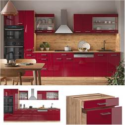 VICCO Cuisine R-Line, Bordeaux brillant/Chêne doré 350 cm avec armoire haute, sans plan de travail