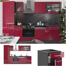 VICCO cuisine R-Line, Bordeaux haute brillance/anthracite, 300 cm sans plan de travail Rouge