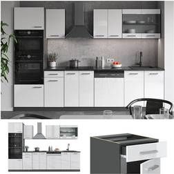 VICCO Cuisine R-Line, Blanc brillant/Anthracite, 300 cm avec armoire haute, sans plan de travail