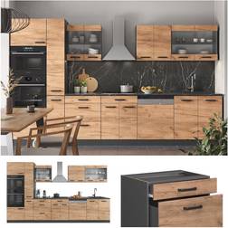 VICCO Cuisine R-Line, Chêne doré/anthracite, 350 cm avec armoire haute, sans plan de travail