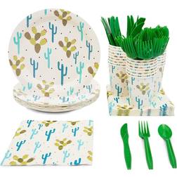 Juvale 144 Pieces Fiesta Party Supplies, Cactus Plates, Plastic Cutlery, Paper Cups, and Luncheon Napkins Serves 24