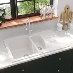 vidaXL Lavello Cucina Doppio Bacino Bianco Granito