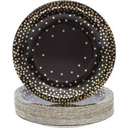 BLUE PANDA Black Paper Plates with Gold Foil Dots, Birthday Party Supplies 9 In, 48-Pack