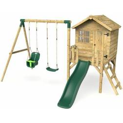 Rebo Green Orchard 4ft x 4ft Wooden Playhouse with Standard Swing, Baby Swing, 900mm Deck and 6ft Slide Luna