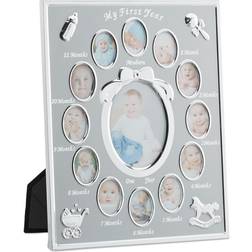 Relaxdays Nursery Picture Frame for 13, Month Aluminium Photo Calendar, 29 x 24 cm, Display Collage, Silver, 29 x 24 x 0.85 cm